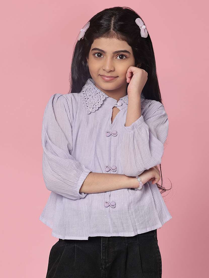 girls solid collared puff sleeve top