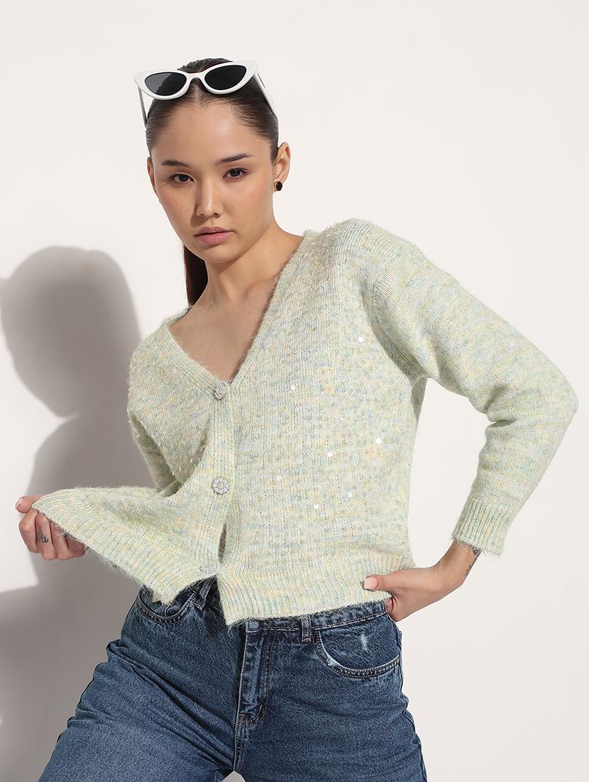 women embellished long sleeve crop cardigan