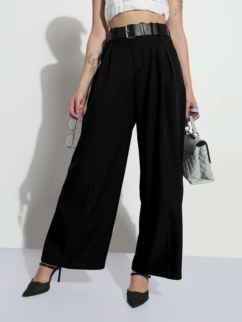 women solid high rise pleated korean pants 