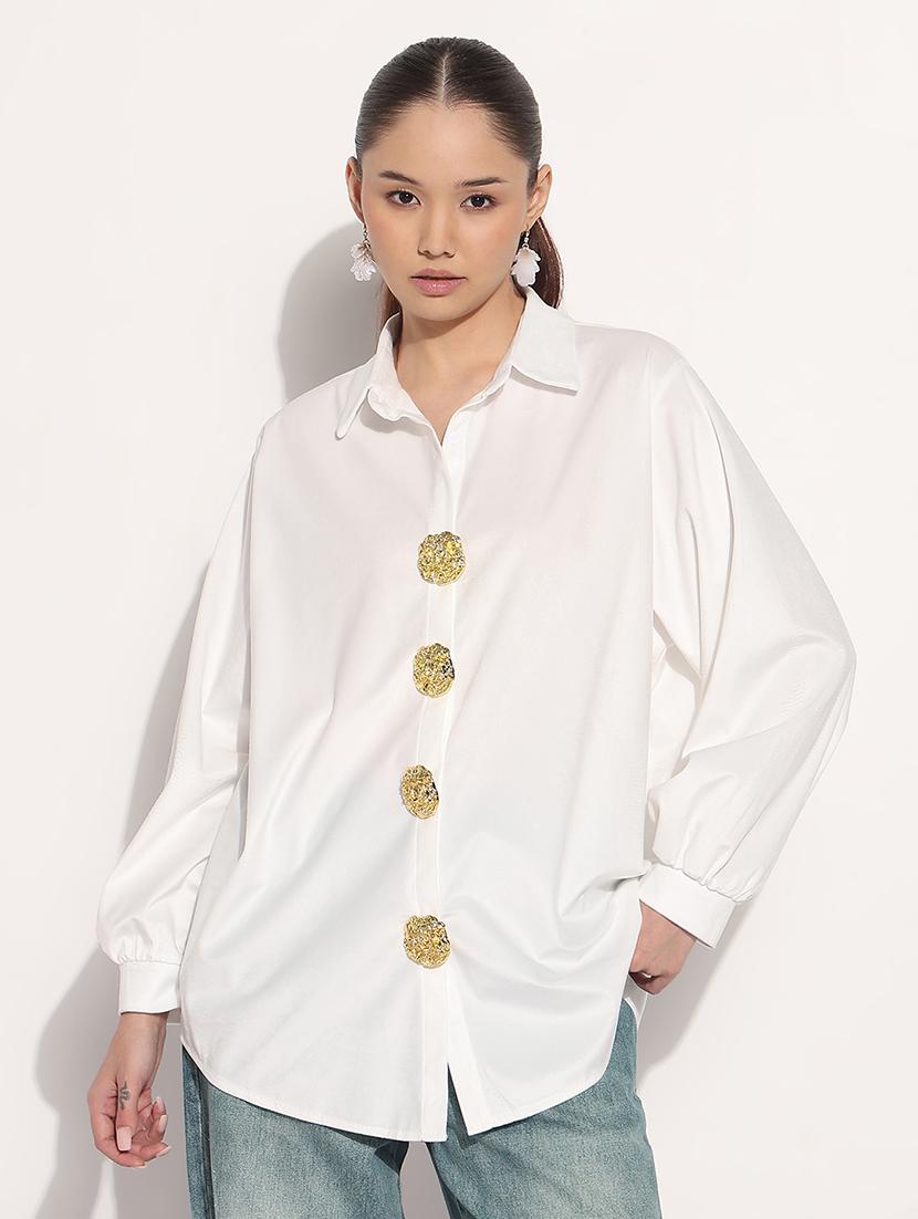 women white solid long sleeve relaxed fit shirt - 21982936 - Standard Image - 2