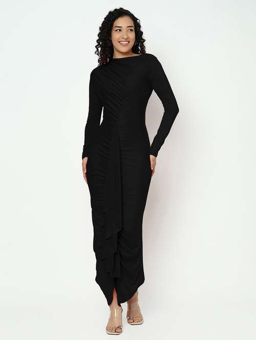 women black solid long sleeve ruched maxi dress - 21982956 - Standard Image - 0