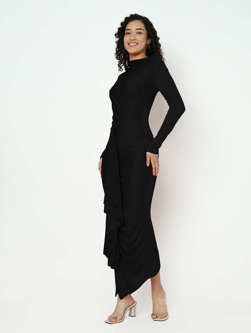 women black solid long sleeve ruched maxi dress - 21982956 - Standard Image - 2