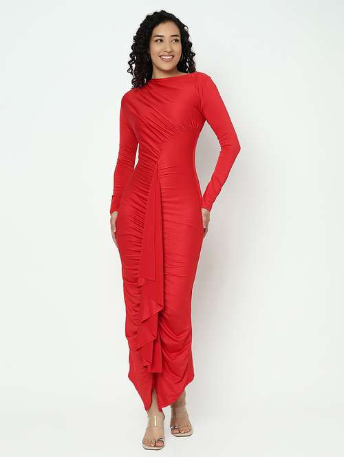 women red solid long sleevev ruched maxi dress - 21982957 -  Standard Image - 0