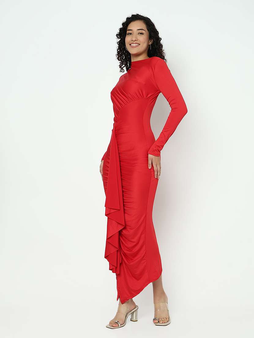 women red solid long sleevev ruched maxi dress - 21982957 - Standard Image - 2