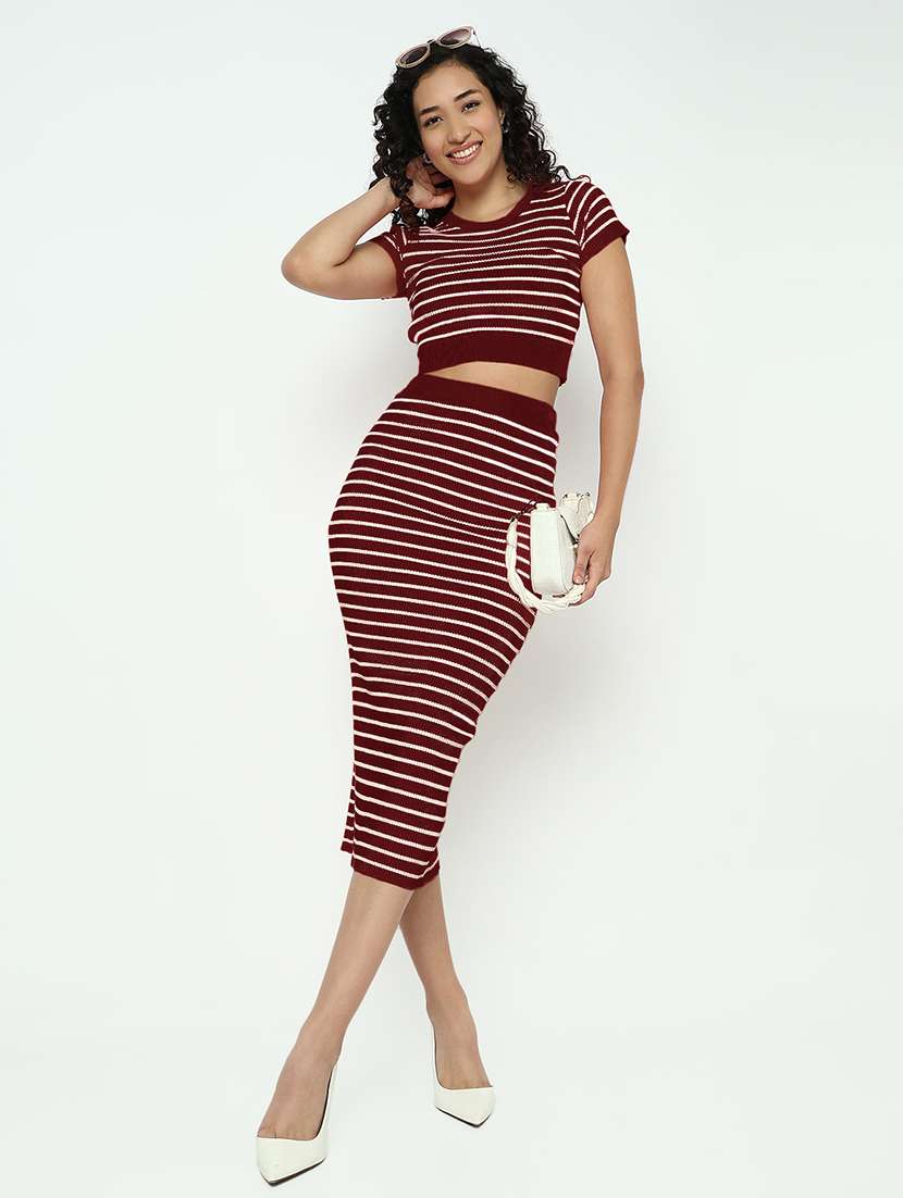 women maroon striped top and skirt co-ord set