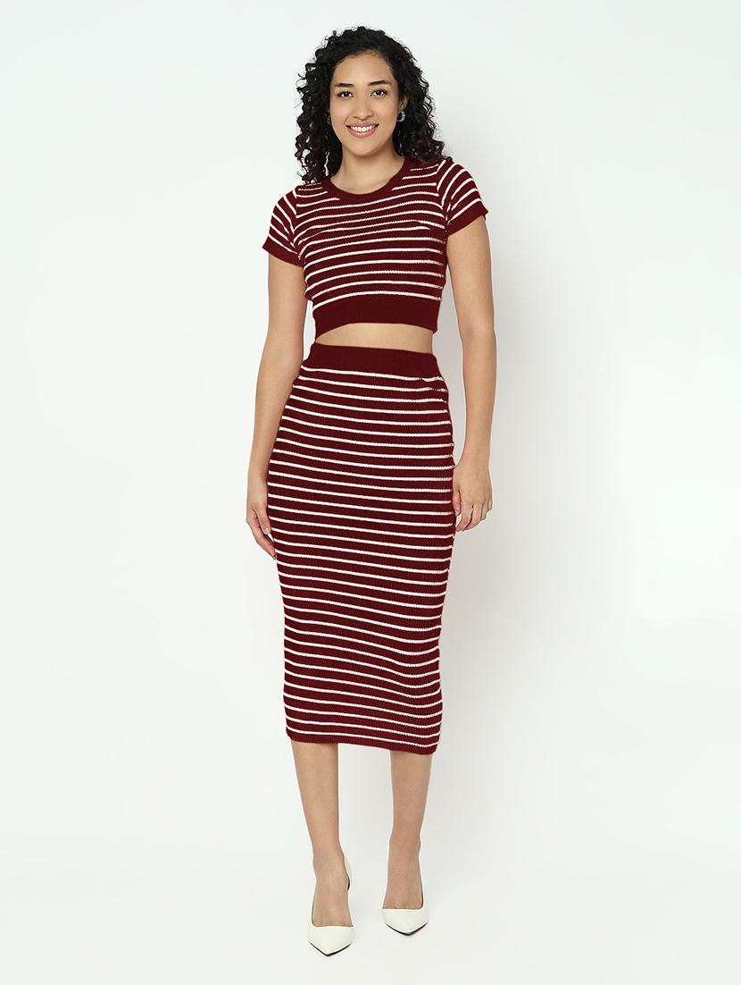 women maroon striped top and skirt co-ord set - 21982969 - Standard Image - 2
