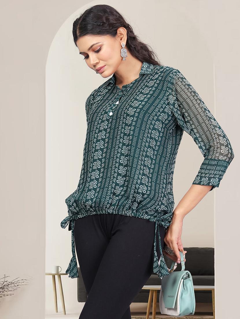 women printed three quarter sleeve collared top - 21982992 - Standard Image - 2