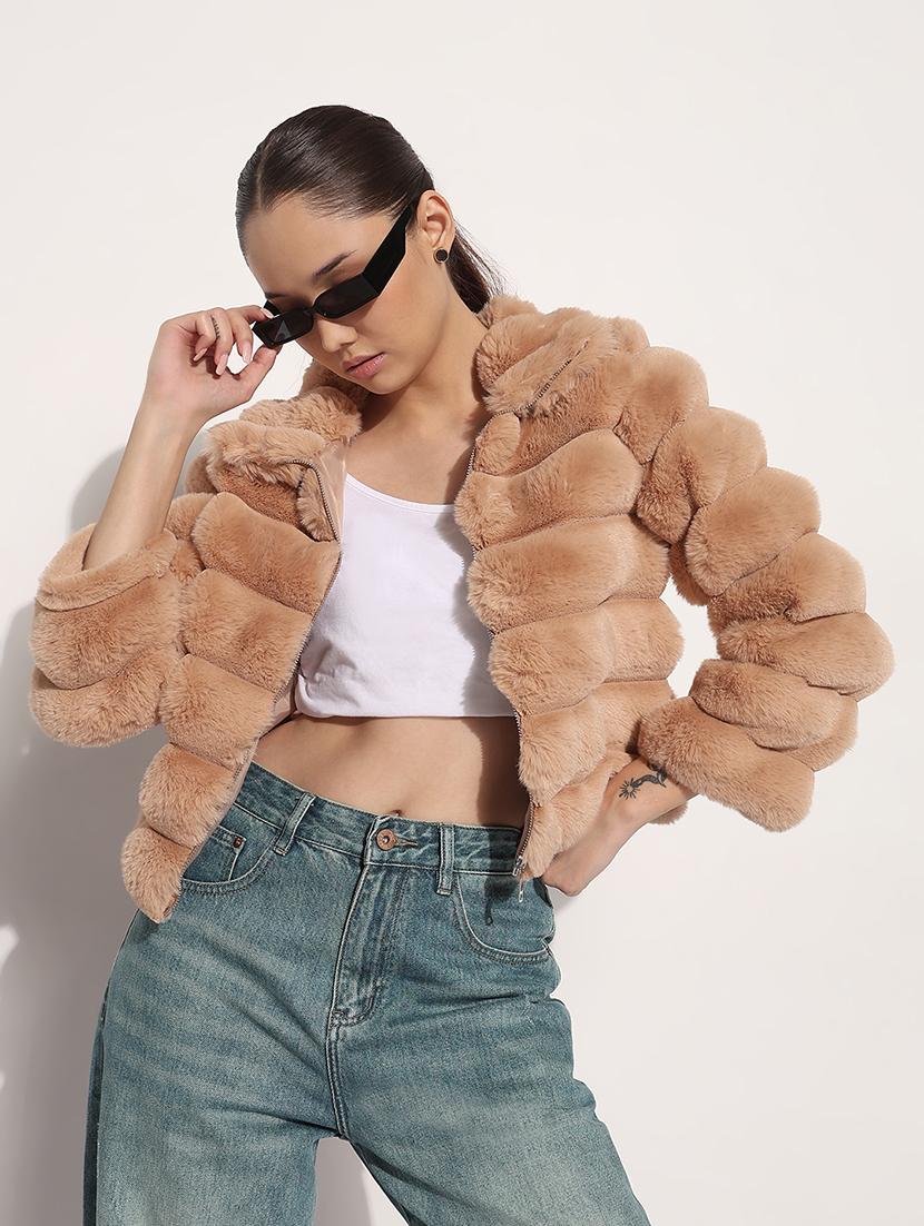 women solid long sleeve fur jacket - 21982993 - Standard Image - 2