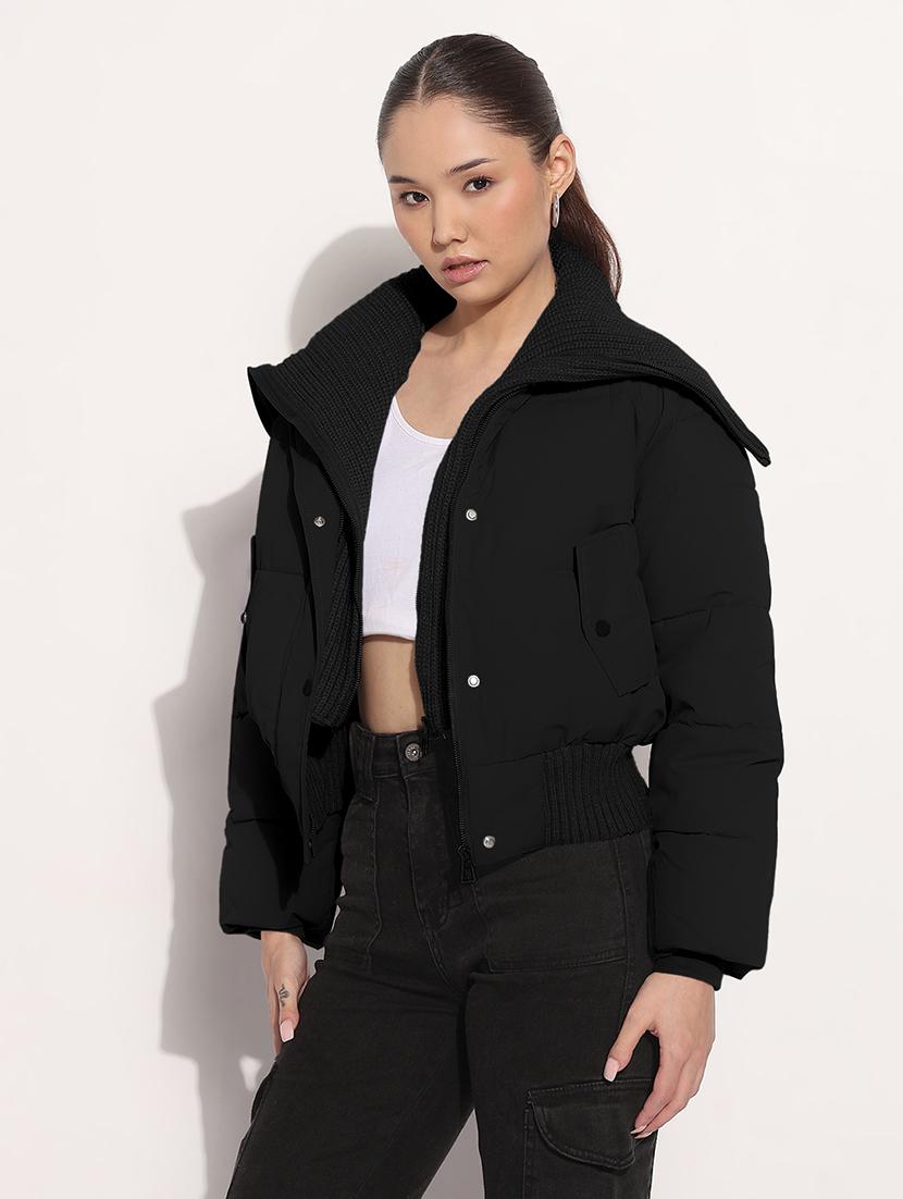 women solid collared long sleeve puffer jacket - 21982994 - Standard Image - 2