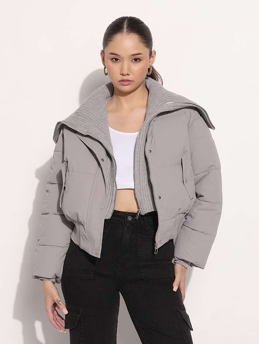 women solid collared long sleeve puffer jacket - 21982995 -  Standard Image - 2