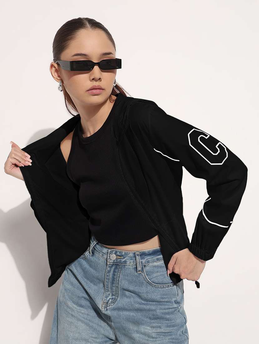 women black printed long sleeve hooded jacket