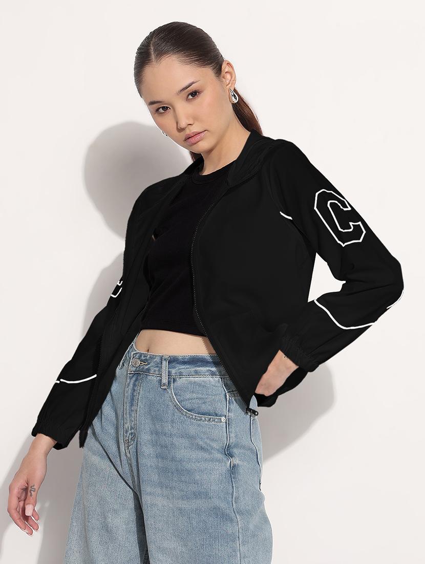 women black printed long sleeve hooded jacket - 21982999 - Standard Image - 2