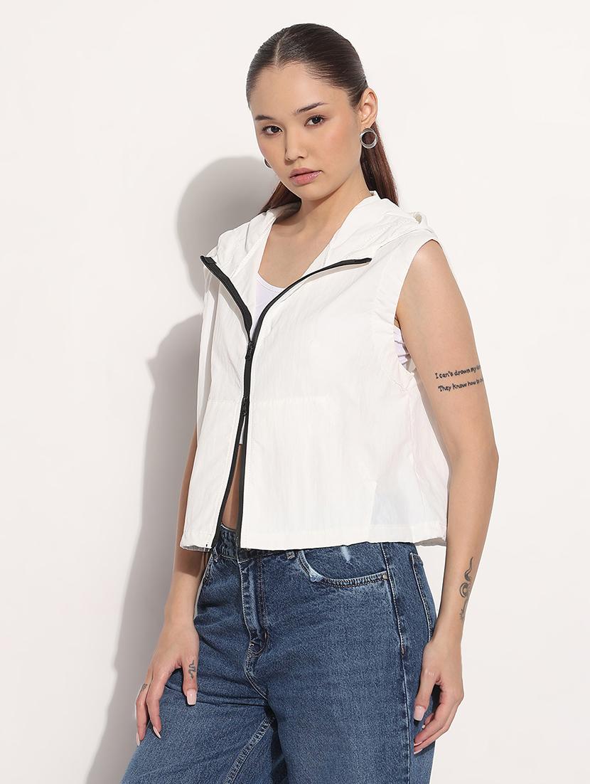 women white solid sleeveless hooded biker jacket - 21983001 - Standard Image - 2