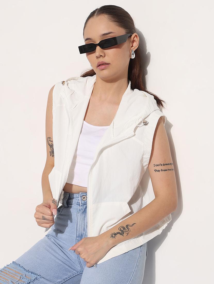 women white solid sleeveless hooded jacket