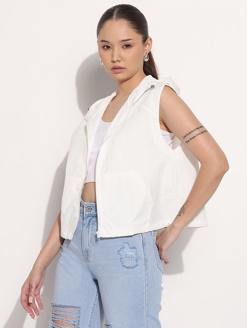 women white solid sleeveless hooded jacket - 21983002 - Standard Image - 2