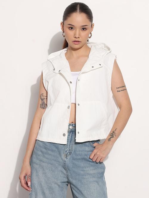 women white solid sleeveless hooded jacket - 21983003 - Standard Image - 0