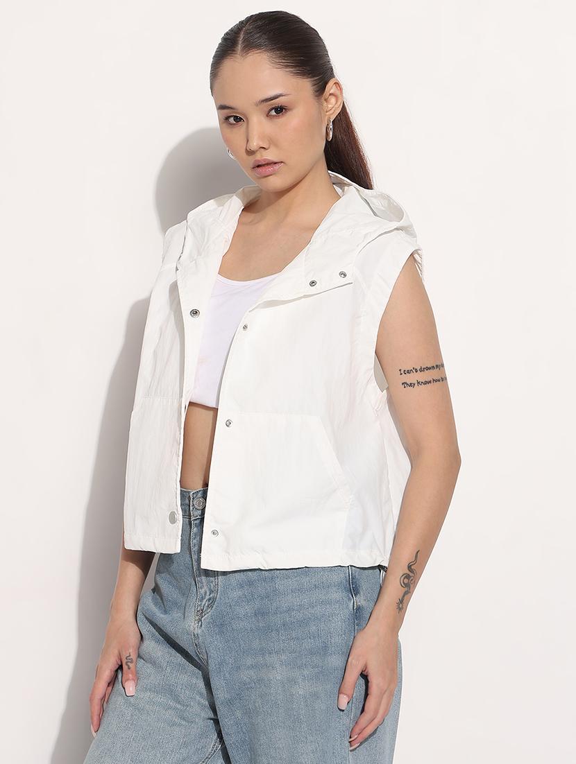 women white solid sleeveless hooded jacket - 21983003 - Standard Image - 2