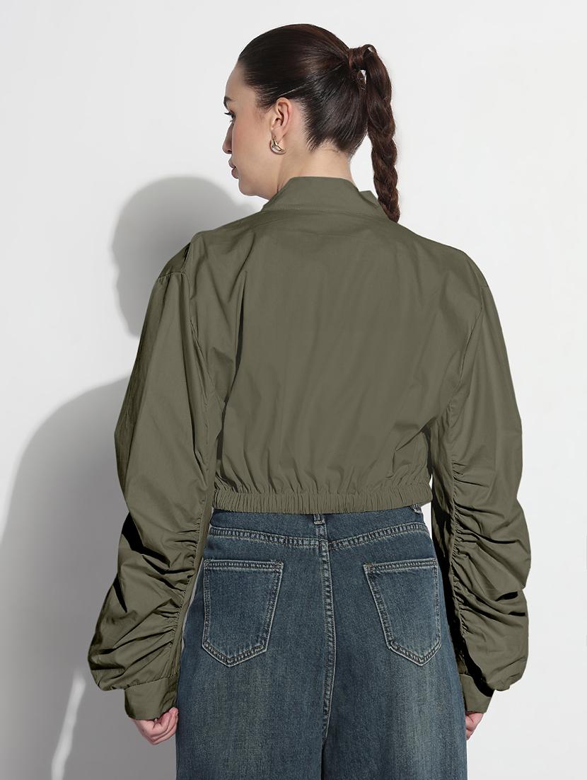 women olive solid long sleeve crop jacket - 21983006 - Standard Image - 2