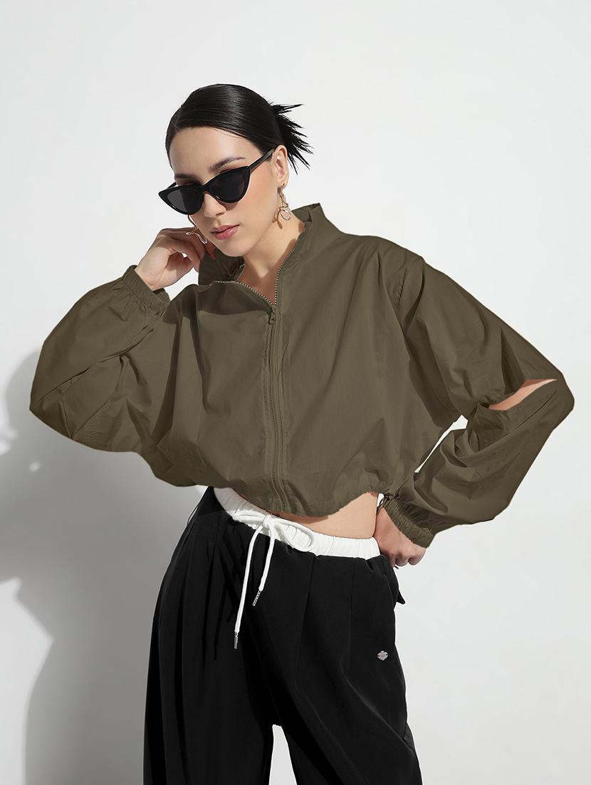 women solid long sleeve collared crop jacket - 21983007 - Zoom Image - 0