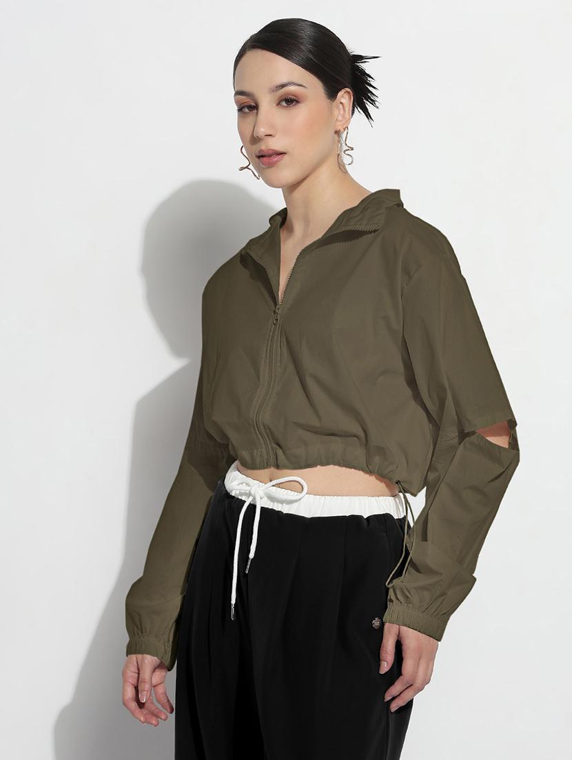 women solid long sleeve collared crop jacket - 21983007 - Standard Image - 2