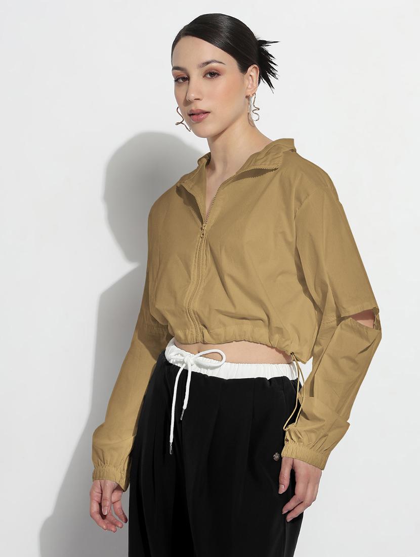 women solid long sleeve stand collar crop jacket - 21983008 - Standard Image - 2