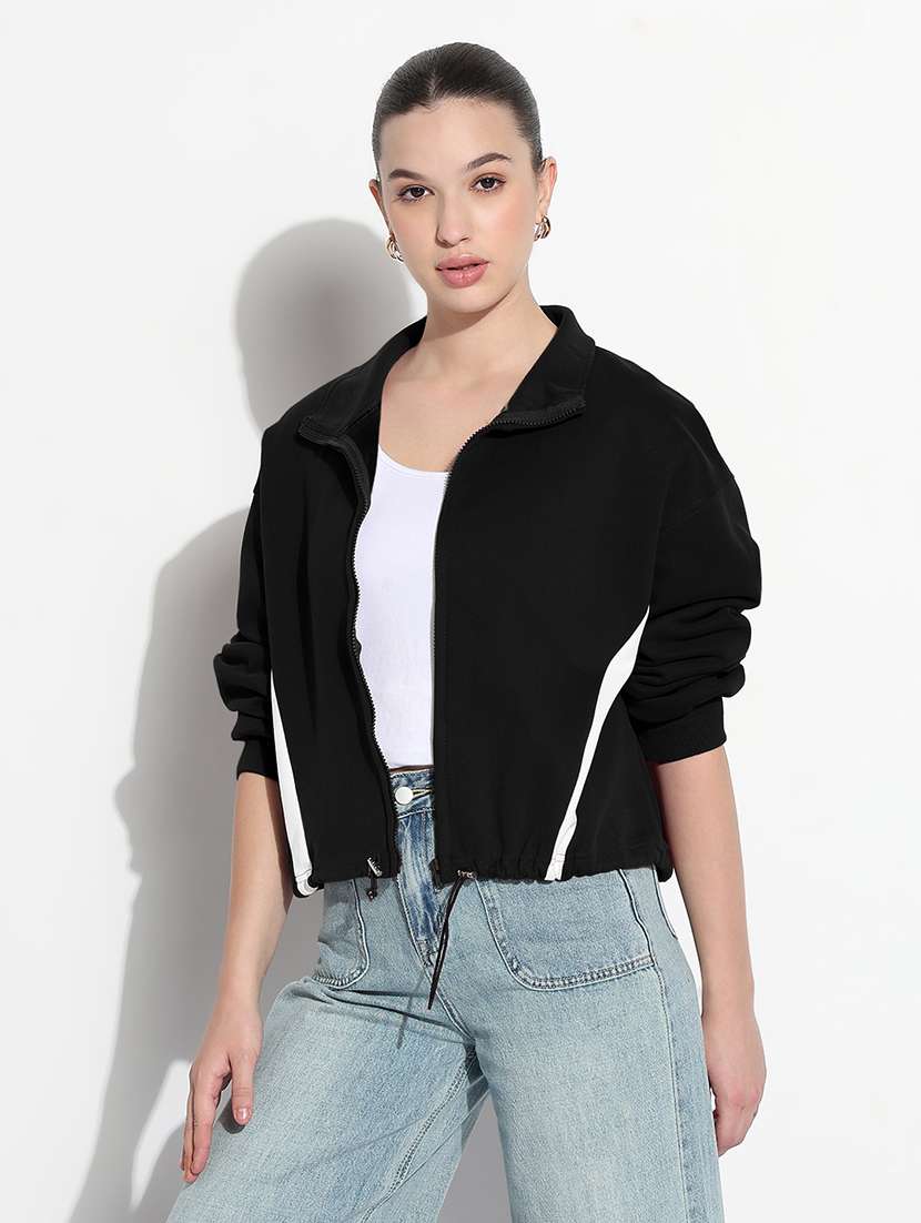 women striped long sleeve stand collar crop jacket - 21983009 -  Standard Image - 2
