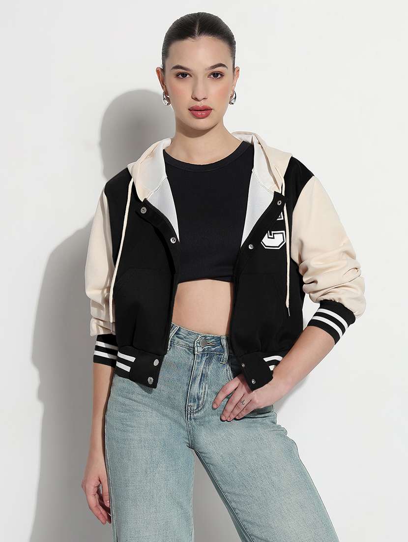 women color blocked hooded crop varsity jacket
