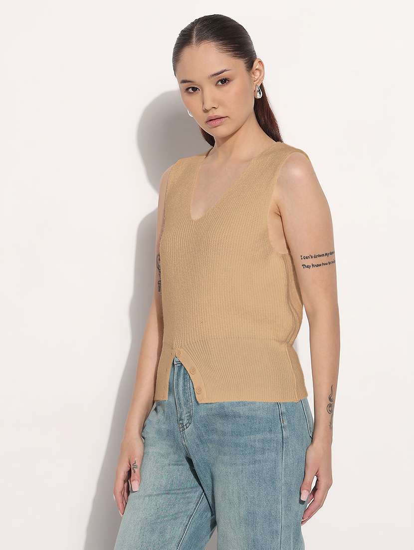 women beige solid sleeveless knitted top - 21983015 -  Standard Image - 2