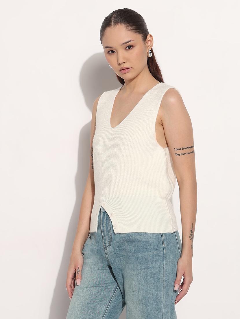 women white solid sleeveless knitted top - 21983016 - Standard Image - 2