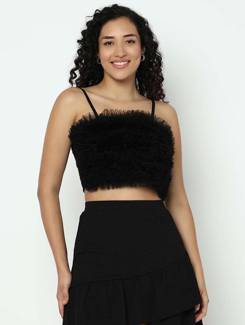 women black solid shoulder strap crop top
