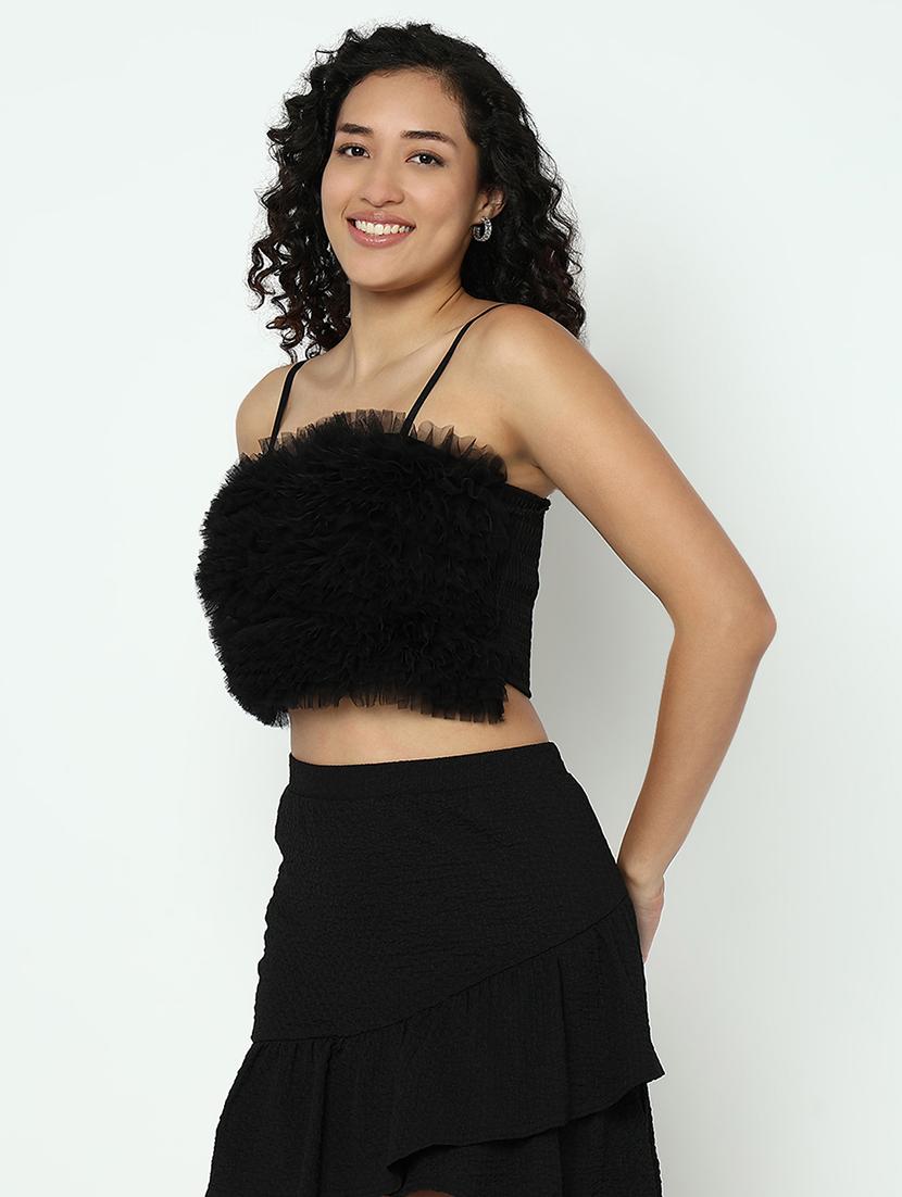 women black solid shoulder strap crop top - 21983019 - Standard Image - 2