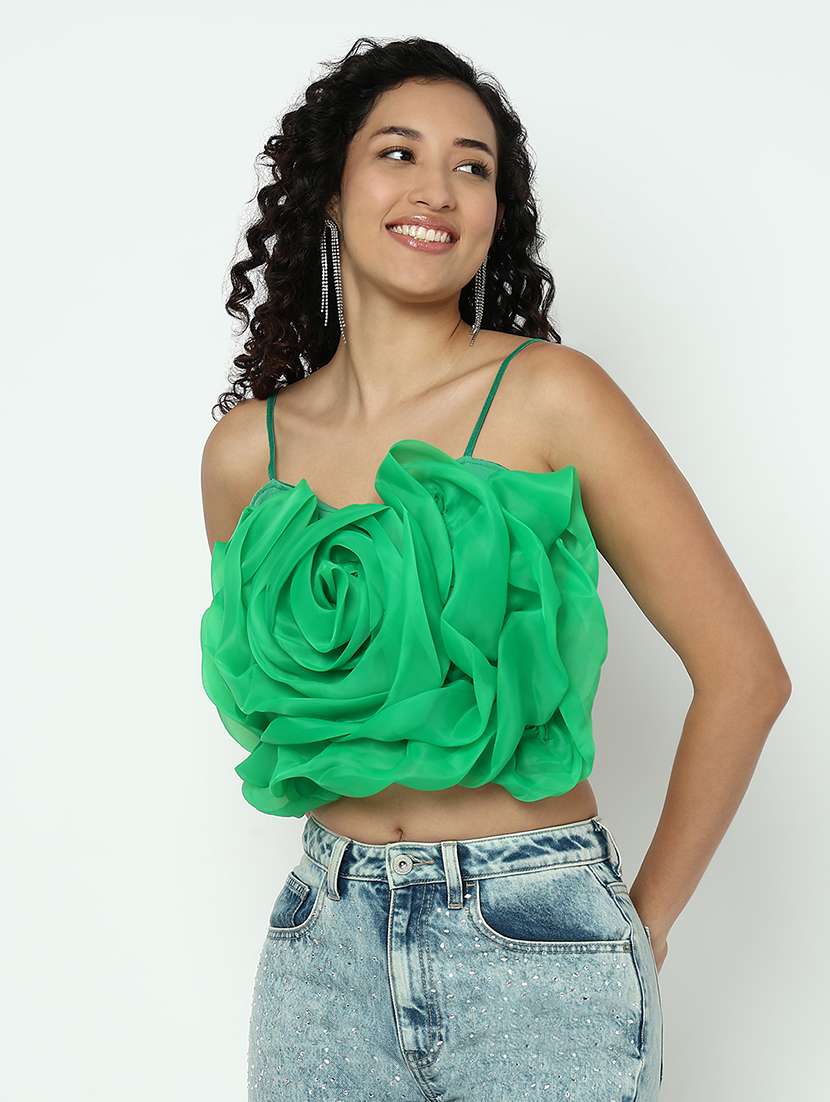 women green solid shoulder strap crop top