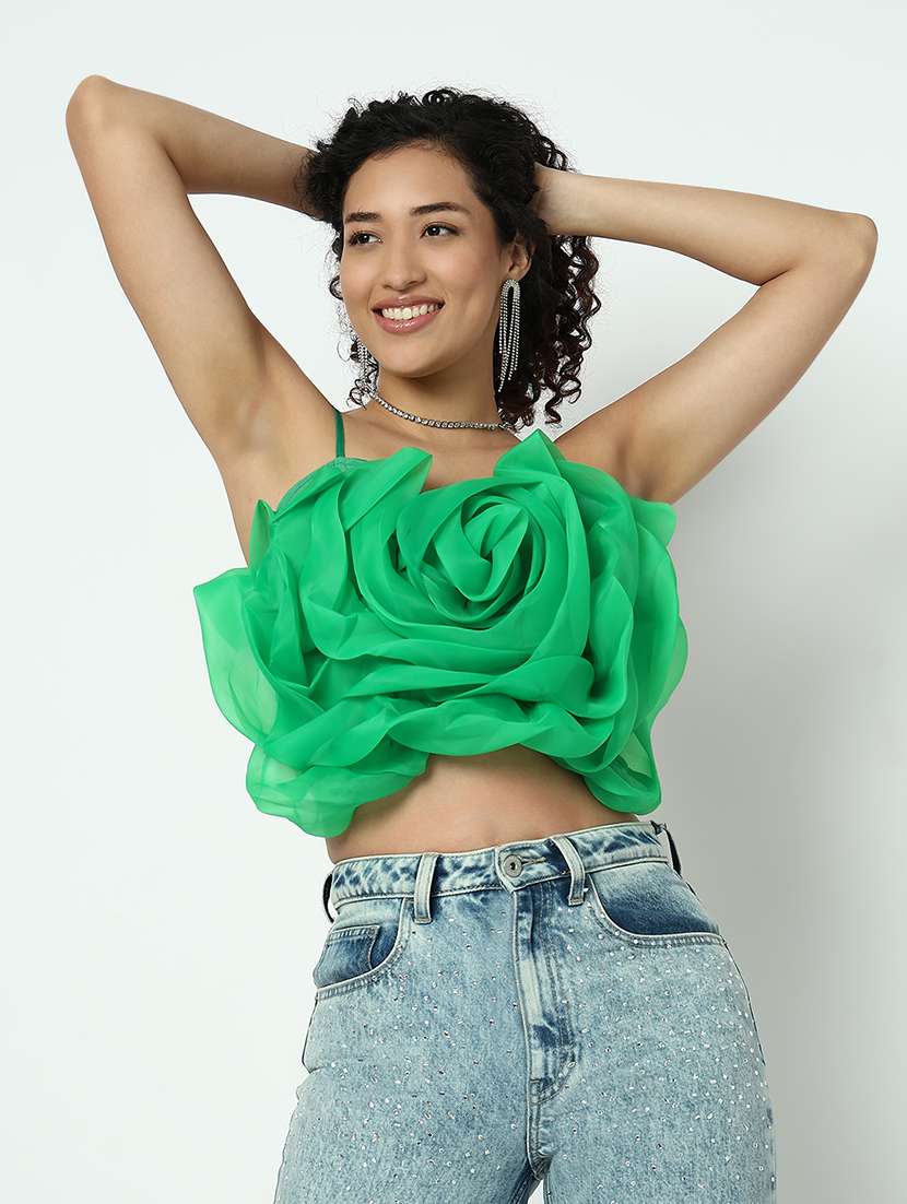 women green solid shoulder strap crop top - 21983020 -  Standard Image - 2