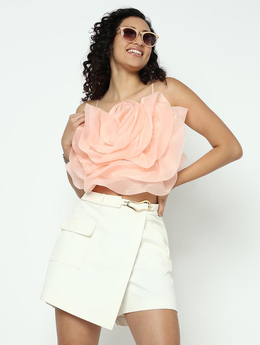 women peach solid shoulder strap crop top - 21983021 - Standard Image - 2