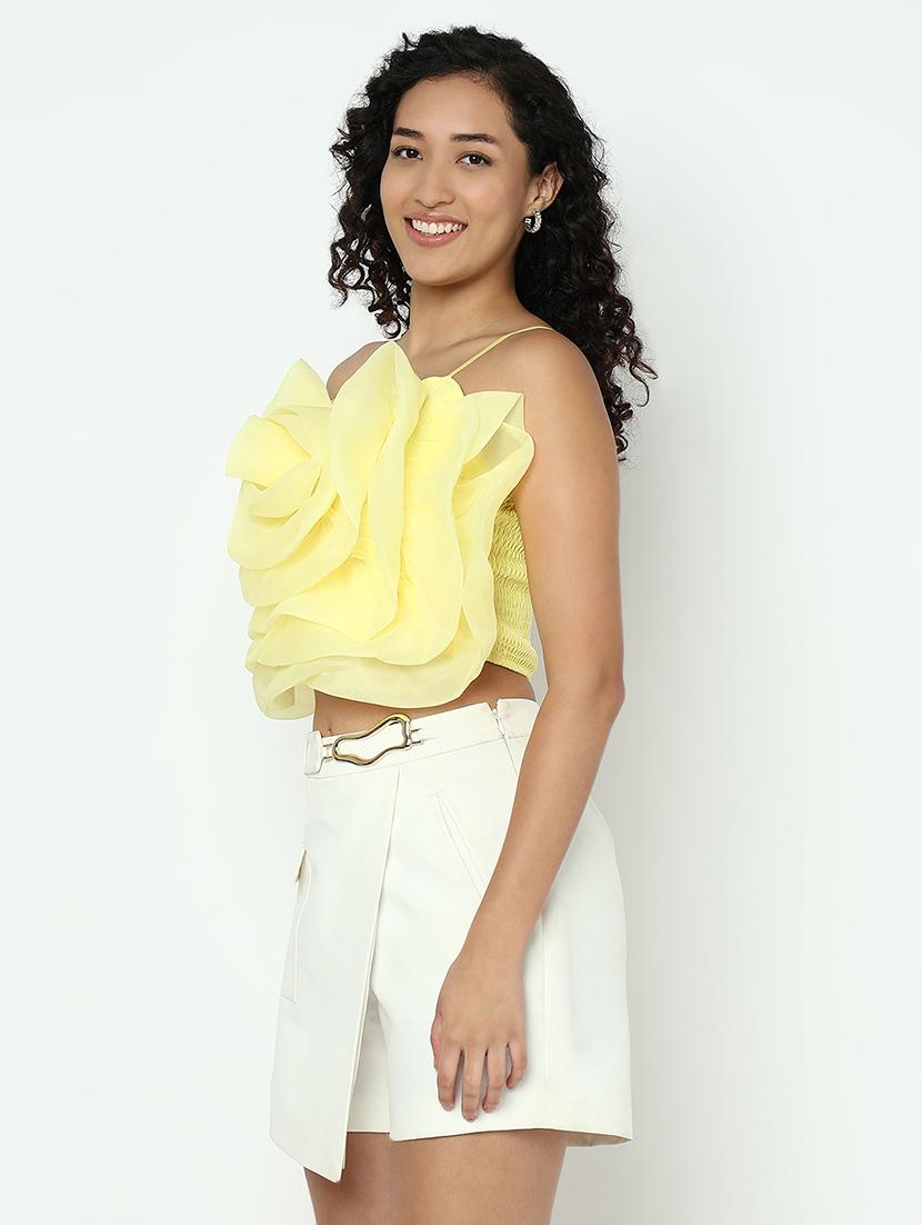 women yellow solid shoulder strap crop top - 21983022 - Standard Image - 2
