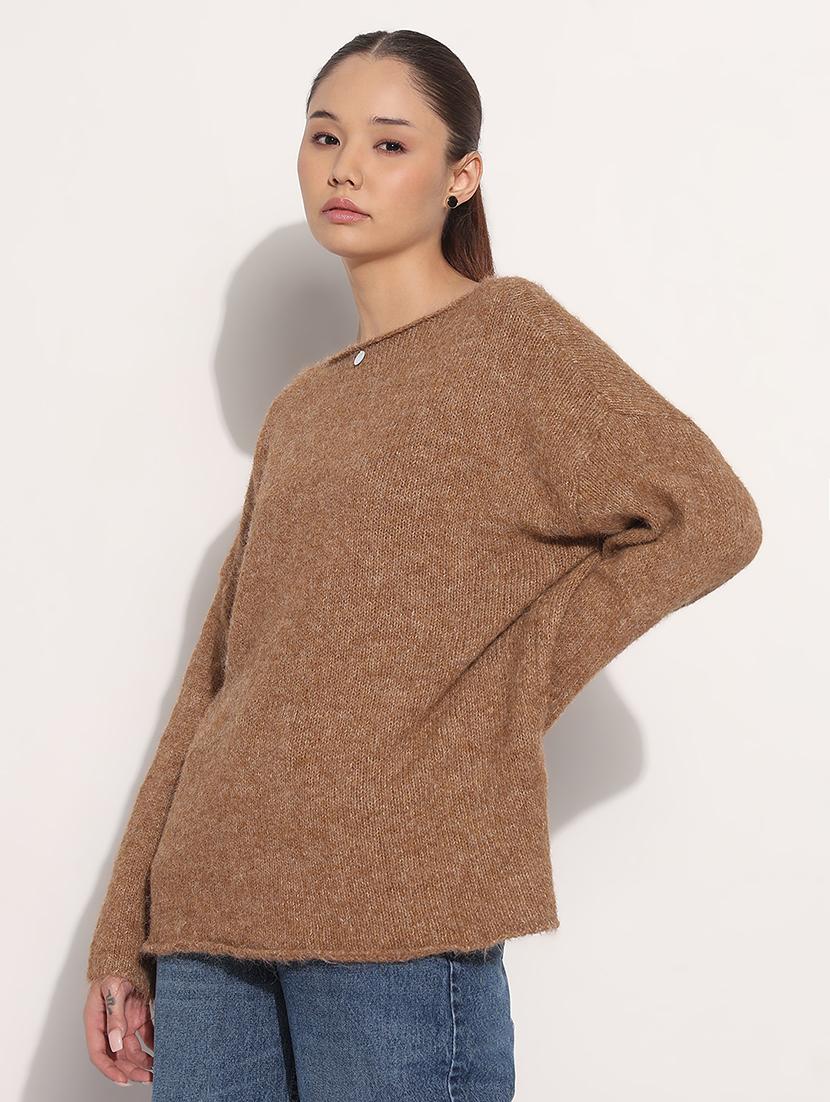 women solid long sleeve loose fit pullover - 21983023 - Standard Image - 2