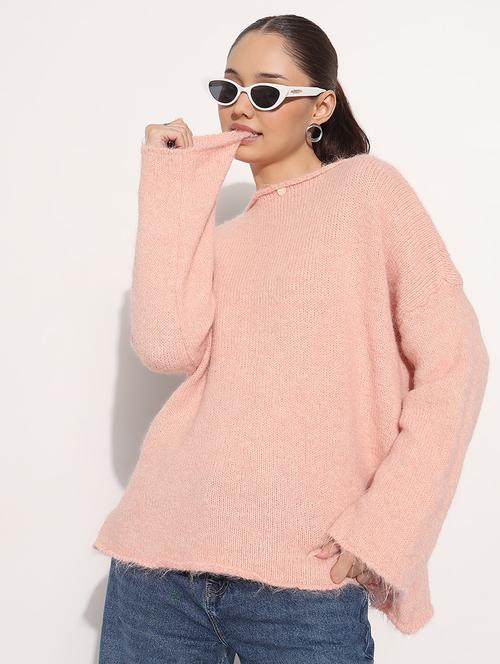 women pink solid long sleeve loose fit pullover - 21983024 -  Standard Image - 0