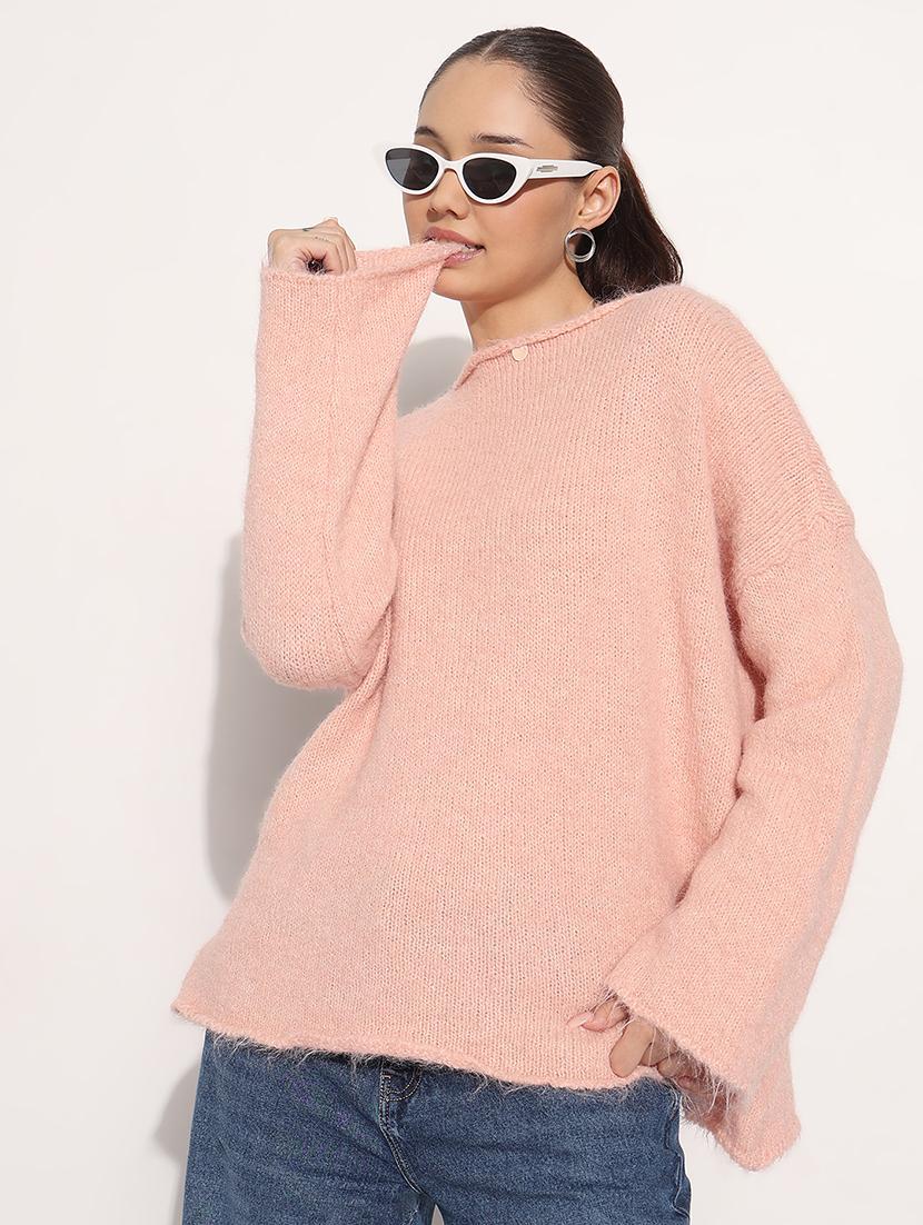 women pink solid long sleeve loose fit pullover - 21983024 -  Zoom Image - 0