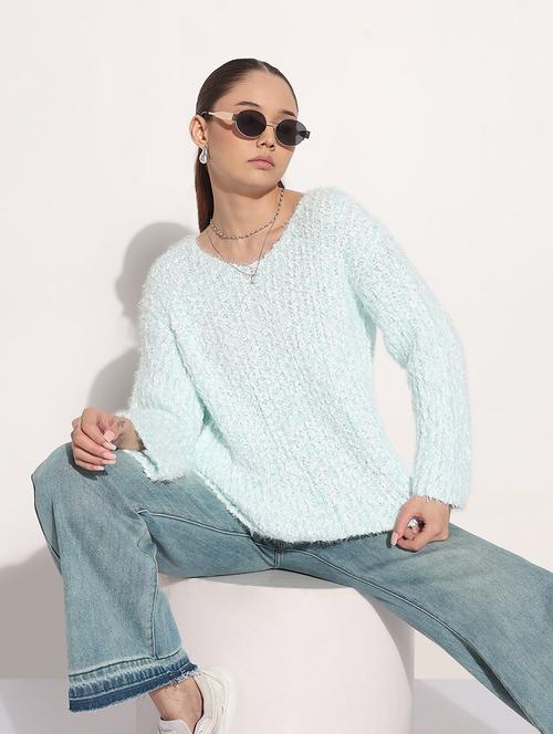 women light blue solid long sleeve loose fit pullover - 21983025 - Standard Image - 0