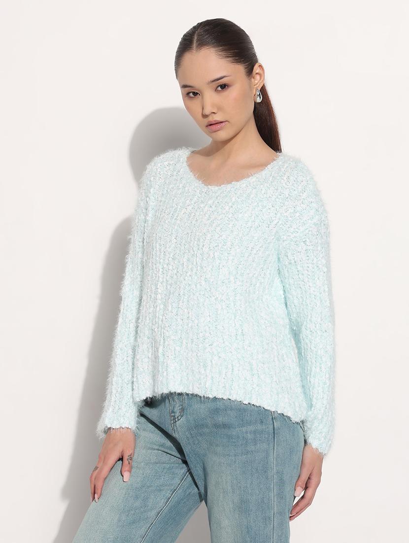 women light blue solid long sleeve loose fit pullover - 21983025 - Standard Image - 2