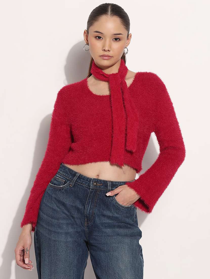 women solid long sleeve crop top with scarf  - 21983027 -  Standard Image - 2