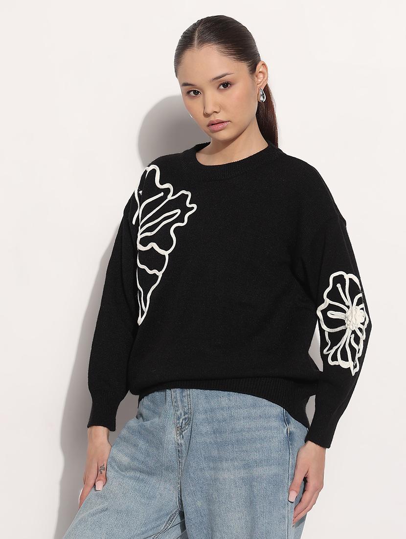 women black embroidered long sleeve pullover - 21983032 - Standard Image - 2