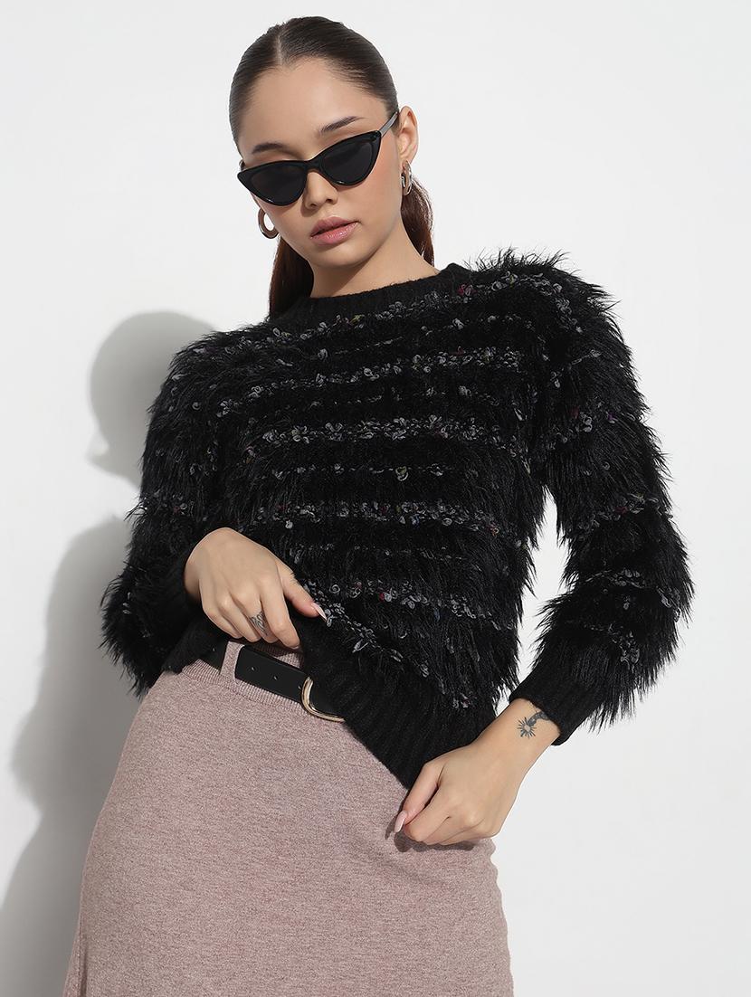 women black self designed long sleeve pullover - 21983045 - Zoom Image - 0