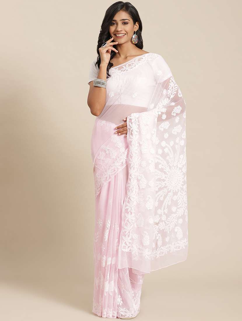 women solid with work chikankari saree with blouse - 21983048 - Zoom Image - 0