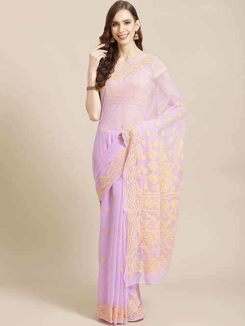 women solid with work chikankari saree with blouse - 21983055 -  Standard Image - 0