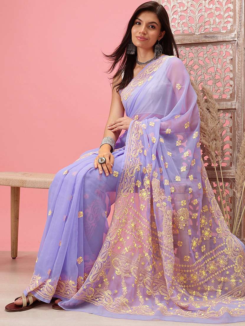 women solid with work chikankari saree with blouse - 21983057 - Standard Image - 2