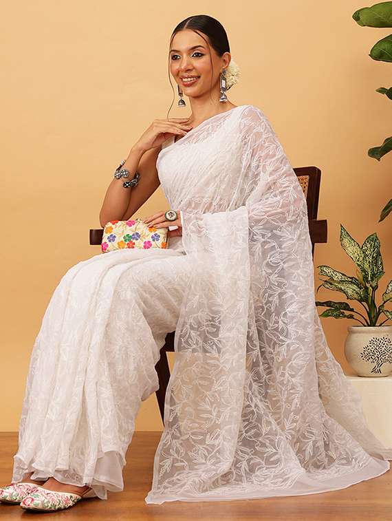 women solid with work chikankari saree with blouse