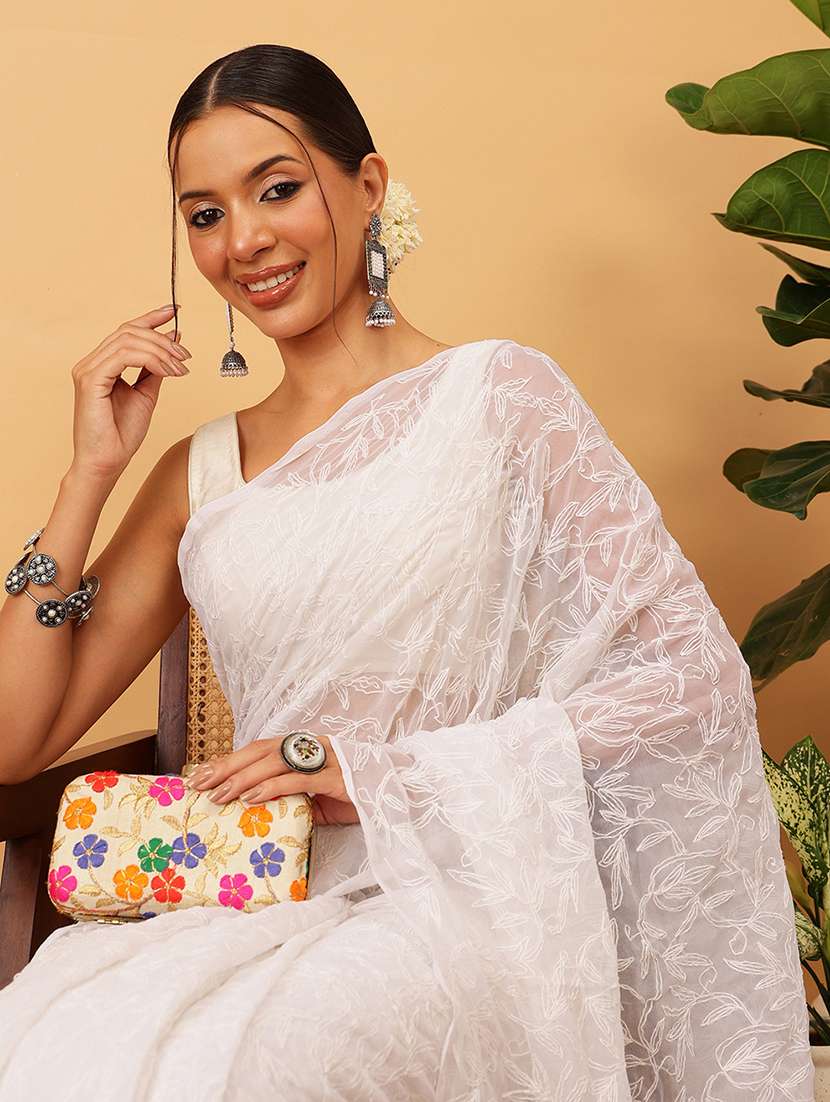 women solid with work chikankari saree with blouse - 21983098 - Standard Image - 2