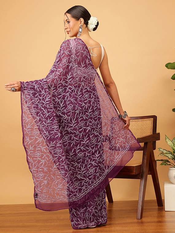 women solid with work chikankari saree with blouse - 21983099 - Standard Image - 2