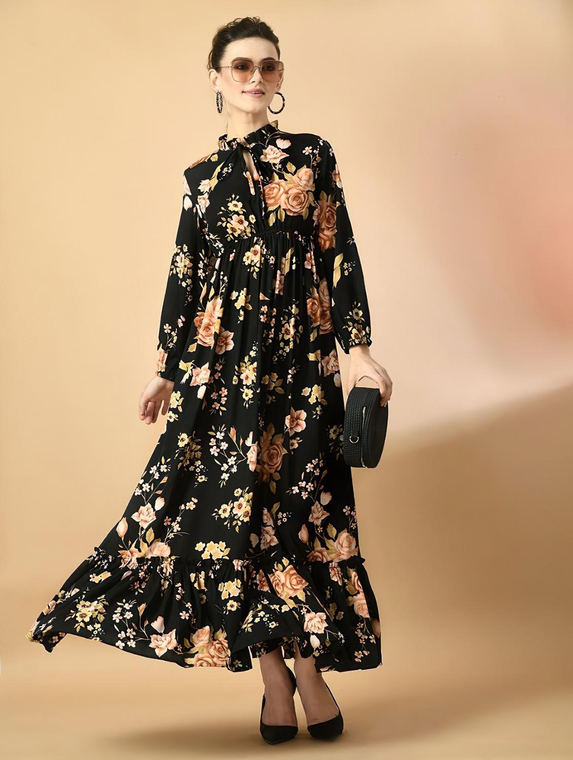women printed puff sleeve tiered maxi dress